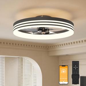 VOLISUN Low Profile Ceiling Fans with Lights and Remote, 19.7in Flush Mount Ceiling Fan with Light, 3000K-6500K Dimmable Fandelier LED Fan Light, Black Bladeless Ceiling Fans with Lights for Bedroom
