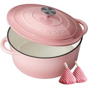 Enameled Cast Iron Dutch Oven - 6QT Dutch Oven Pot with Lid & Cotton Potholders - Heavy-Duty Non Stick Casserole Pot for Braising, Stews, Roasting, Baking, Suitable for All Stovetops, Gentle Pink
