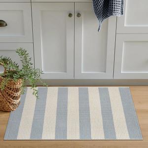 OJIA Front Door Mats Outdoor 24"x36" Machine Washable Indoor Outdoor Rugs Doormat Cotton Woven Entry Rug Striped Small Area Rugs for Front Porch/Bathroom/Farmhouse/Home Entrance (Muted Blue/Tan/Beige)