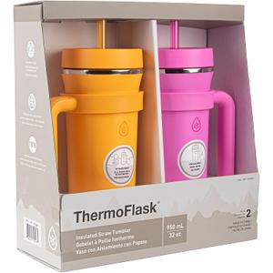 ThermoFlask Premium Quality Double Wall Insulated Stainless Steel Tumbler with Handle and Straw Lid, 32 Ounce, 2-Pack, Honeycomb/Hot Pink (32 oz)