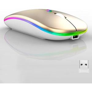 Guiheng Wireless Bluetooth Mouse,LED Dual Mode Rechargeable Silent Slim Laptop Mouse,Portable(BT5.2+USB Receiver) Dual Mode Computer Mice,for Laptop,Desktop Computer,ipad Tablet,Phone,TV (Gold)