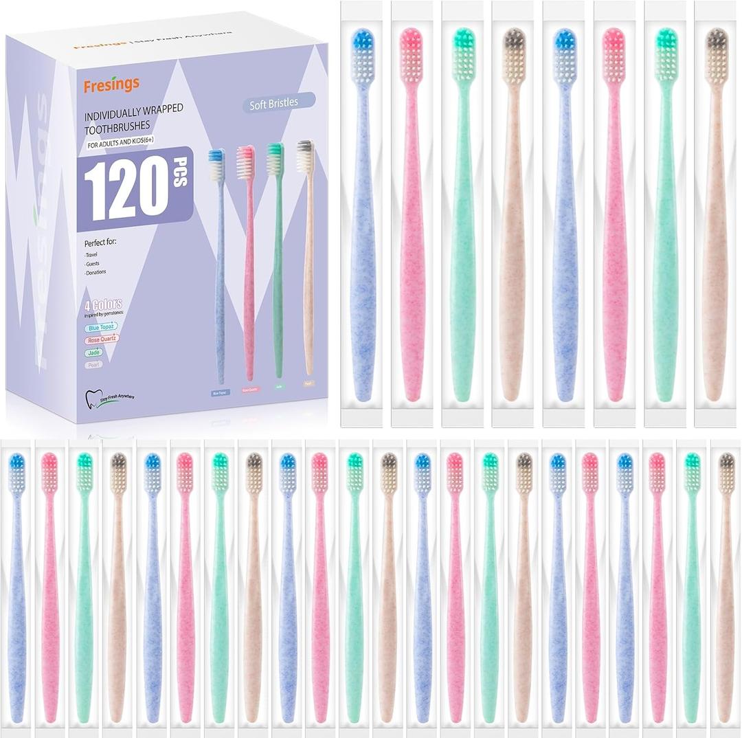 120-Pack Disposable Toothbrushes Individually Wrapped, Soft PBT Bristle Bulk Travel Manual Toothbrushes for Adults & Kids, Guest Bathroom, Hotel, Camping, Donation  4 Gemstone Colors