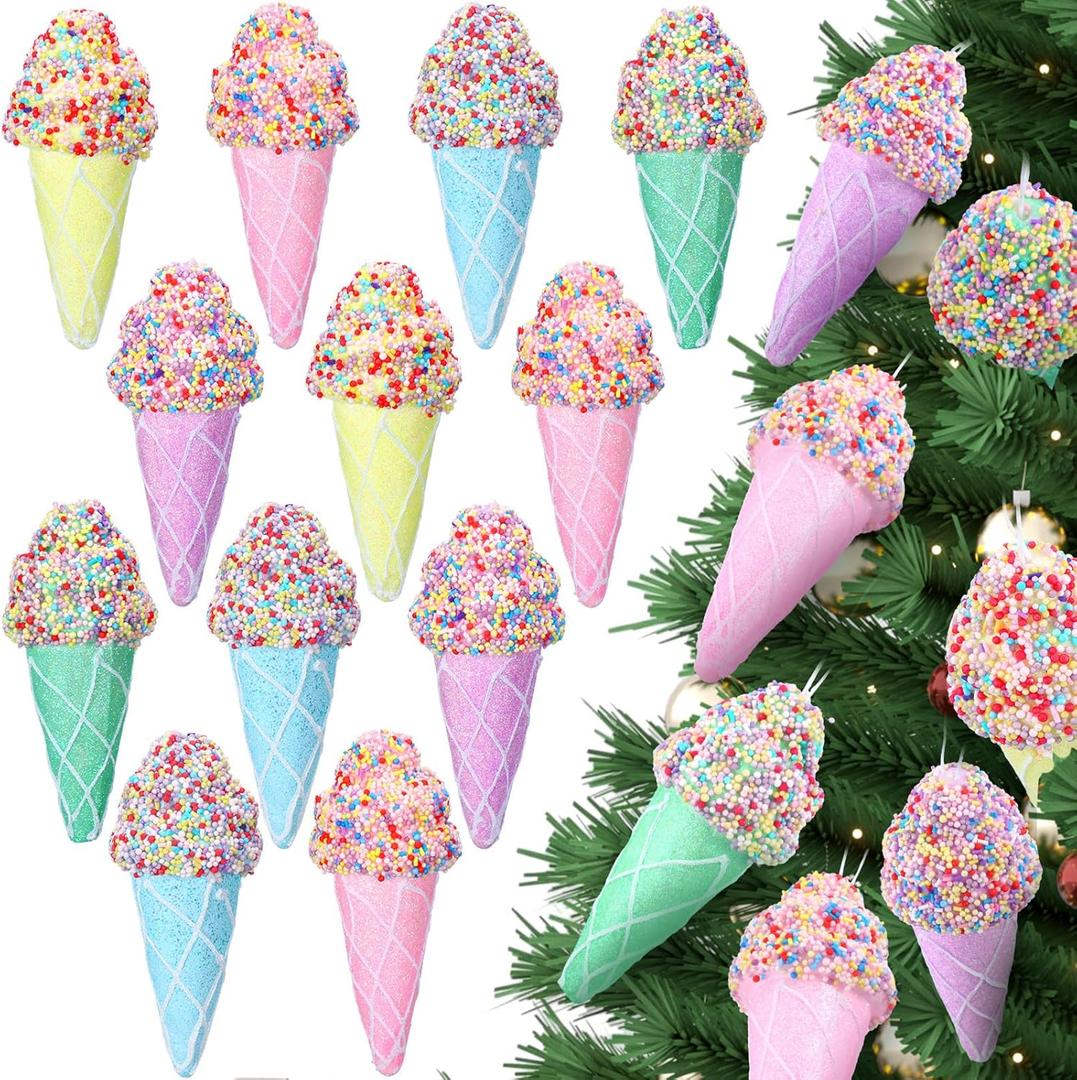 12 Pcs Ice Cream Ornaments for Christmas Tree Foam Pastel Mini Dessert Ornaments for Xmas Decorations Party Supplies
