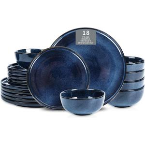 Vicrays Ceramic 18 Pieces Dinnerware Set - Dinner Plates Salad Plates Cereal Bowls Set Service for 6 - Scratch Resistant Microwave Oven Dishwasher Safe - Blue