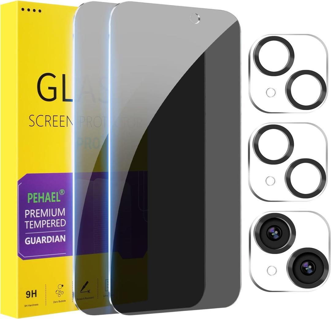 PEHAEL 2+2 Pack for iPhone 15 Plus Privacy Screen Protector with Camera Lens Protector Full Coverage Anti-Spy Tempered Glass Film 9H Hardness Easy Installation Bubble Free [6.7 inch]