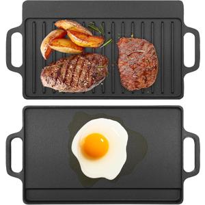 Cast Iron Reversible Grill Griddle, Double Sided Grill and Griddle Pan with Handles, Pre-seasoned Rectangular Flat and Ribbed Cooking Plate for Gas Stovetop, Electric Cooktop