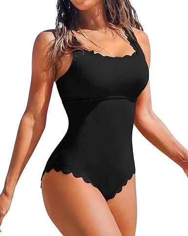Charmo Womens Scalloped Ribbed One Piece Swimsuits Retro Square Neck Modest Bathing Suits, Large