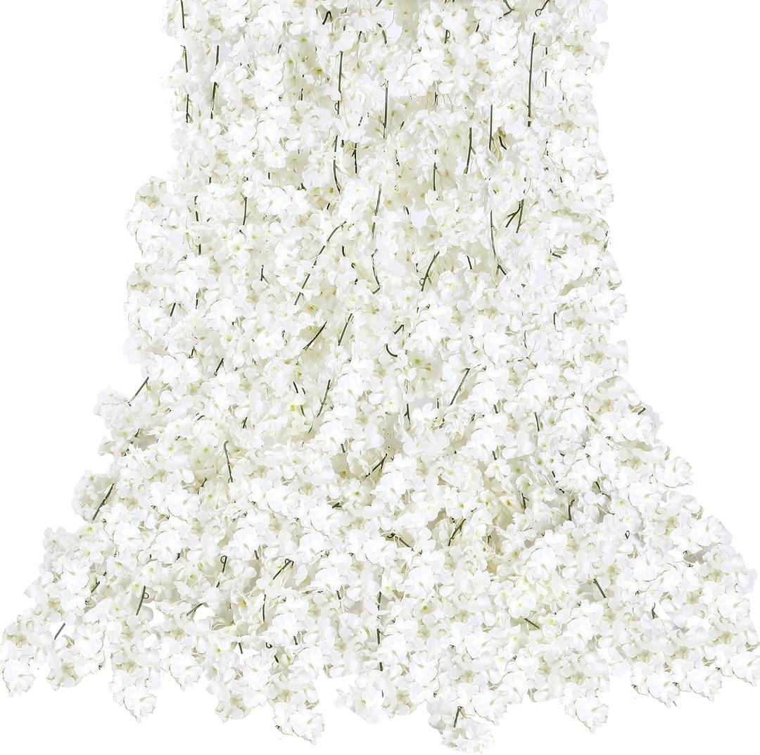 Sggvecsy Cherry Blossom Garland Artificial Cherry Flower Vines 6 Pack Hanging Silk Flowers Garland for Home Wedding Garden Party Arch Office Decor (White)