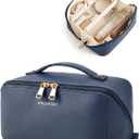 BAGSMART Makeup Bag Travel Cosmetic Bag,Women Toiletry Case, Deep Navy | Make Up Bag Flat Open Toiletry Bag for Women, PU Leather Travel Essentials Wide-open Skincare,Brushes Organizer Case Large (EXP 08/26/32)