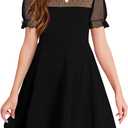 Haloumoning Girls Contrast Mesh Puff Short Sleeve Dress Kids High Waist A Line Casual Dresses with Pockets 4-14 Years