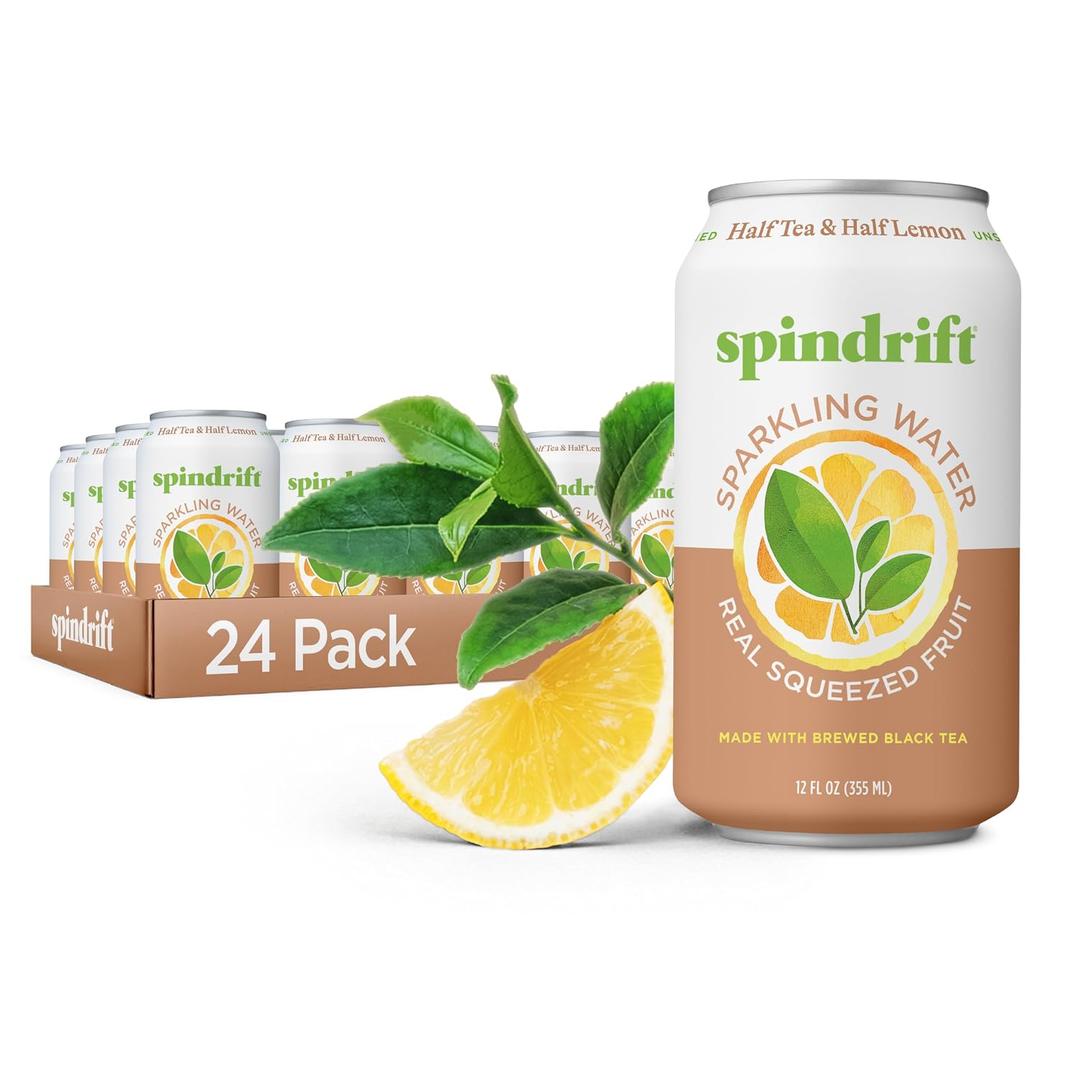 Spindrift Sparkling Water, Half Tea & Half Lemon Flavored, Made with Real Squeezed Fruit, 12 Fl Oz Cans, Pack of 24 (Only 5 Calories per Can) (EXP 11/30/26)