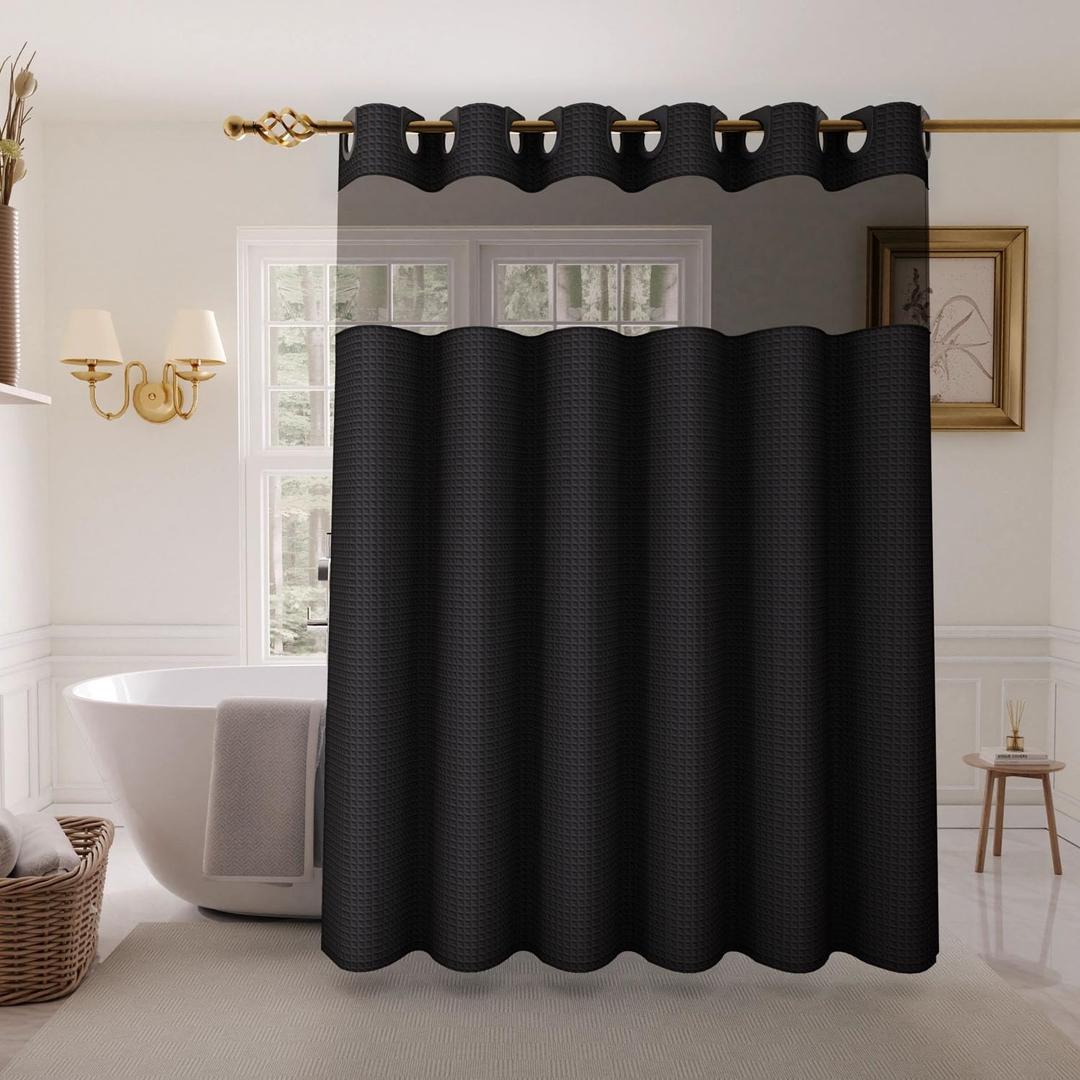 Inhousolu Extra Long No Hook Shower Curtain with Snap in Fabric Liner Set Waffle Weave 230GSM Weighted Hem, Waterproof & Washable Bathroom Curtain Spa Luxury with Mesh Top Window 72" W x 84" L Black