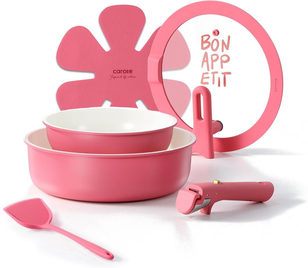 CAROTE Ceramic Pots and Pans Set Non Stick, Nonstick Kitchen Cookware Sets with Lid, Detachable Handle Saut Pan Set, Non Toxic Frying Pan, Oven Safe, Induction Ready, Pink (6 Piece)