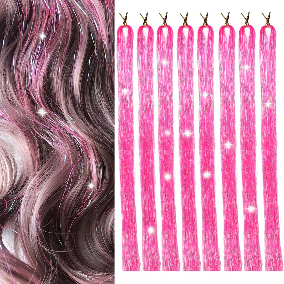 Hair Tinsel 8 Packs 1600 Strands 50 Inch Tinsel Hair Extensions Deep Rose Red Heat Resistant Glitter Sparkling Shinny Fairy Hair Accessories for Women(Deep Rose Red, 50Inch)
