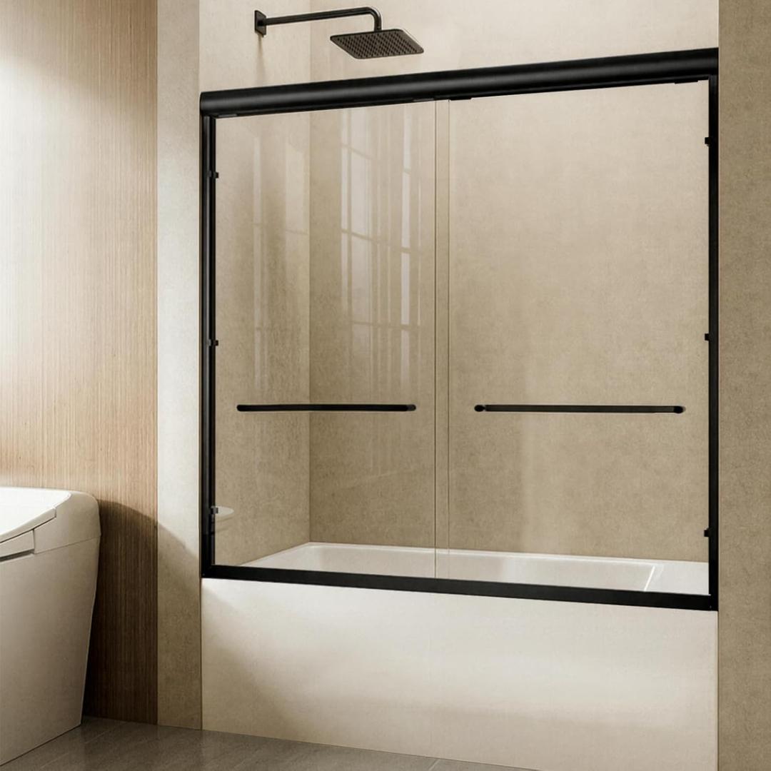 Sliding Bathtub Shower Door, 56-60" W x 57" H Glass Shower Door, Matte Black Aluminum Frame with Stainless Steel Towel Bar