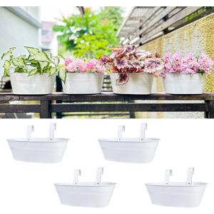 LaLaGreen Planter Boxes for Outdoor (4 Pack, 17 Inch) White Metal Deck Railing Hanging Flower Pots, Large Window Box Plant Holder Hooks Fence Rail Buckets Herb Boho Style Wall Mount Porch Garden Decor