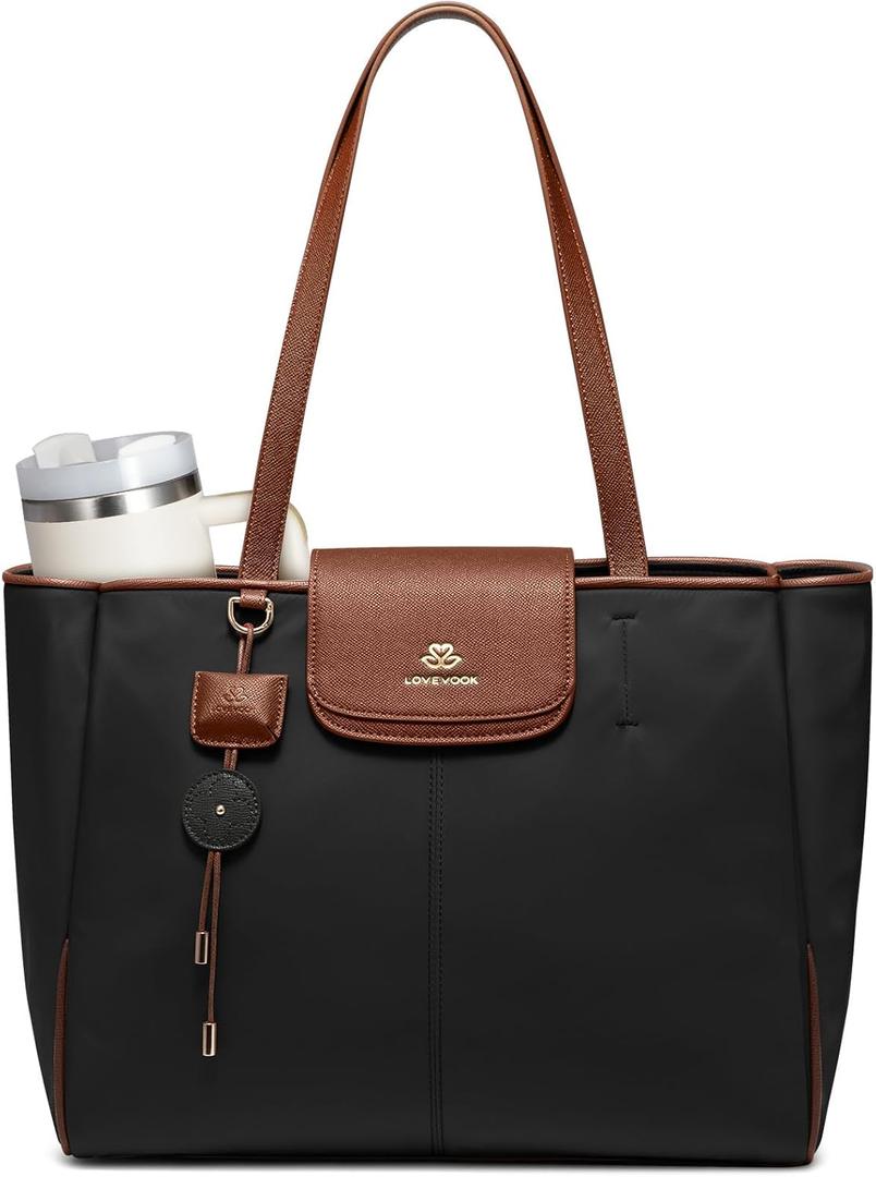 LOVEVOOK Laptop Tote Bag for Women,Nylon Work Totes with 15.6 Inch Laptop Compartments, Lightweight Computer Purse with Large Cup Holder,Travel Tote with Luggage Straps (Black-Brown)