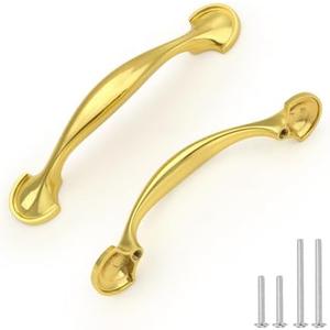 EZRENOVA Gold Cabinet Handles 3 Inch (76mm) Hole Centers - Modern Zinc Alloy Pulls (15 Pack) | Kitchen & Bathroom Hardware, Curved Drawer Knobs for Cabinets, Dressers