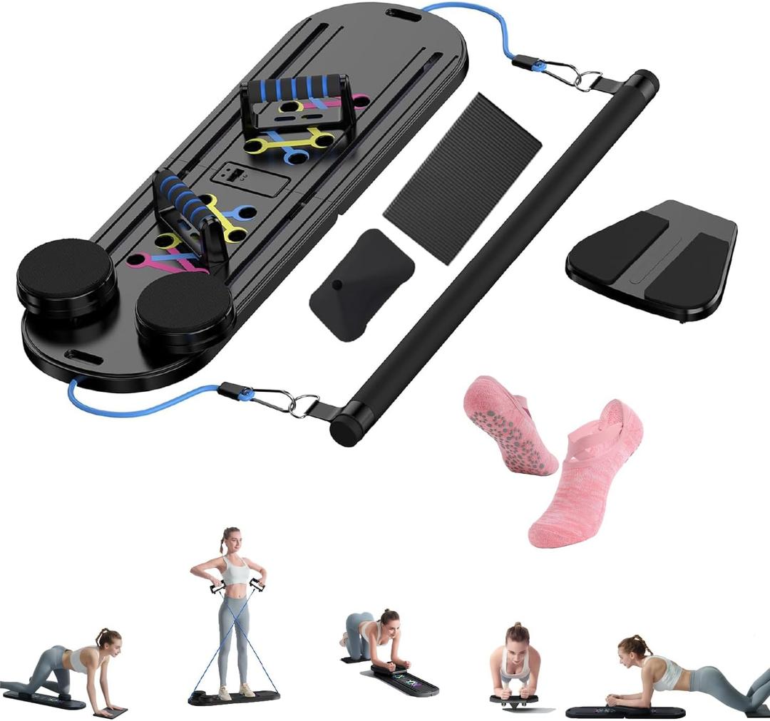 Esne- Foldable Pilates Reformer Set - 6-in-1 Home Workout Board with Thickened Resistance Bands, Balance Bar & Non-Slip Socks | Portable Core Strength Trainer for Full-Body Toning (2025 Upgrade)