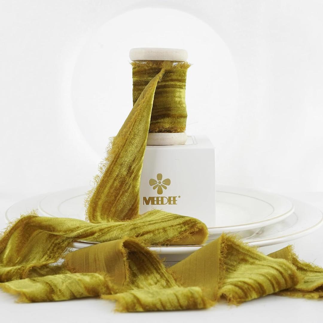 2 x MEEDEE Gold Frayed Velvet Ribbon 2 Inch Crinkle Raw Edge Silk Ribbons 2 Rolls 4 Yards Antique Gold Crushed Ribbons Gold Velvet Ribbon for Christmas Tree, Gift Wrapping, Holiday Decor