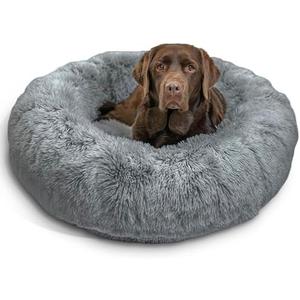 Best Friends by Sheri Original Calming Donut Dog and Cat Bed, Shag Faux Fur, Gray, (30in x 30in) - Anxiety Relief for Pets Up to 100 lbs