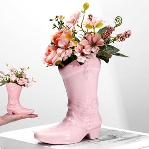 Cowgirl Boot Vase for Book Shelf Ceramic Cowboy Decoration Arrangements Nice Western Country Accent Vase Unique Boot Planter for Modern Aesthetic Room Wedding Decor(Pink,5.9 Inch)