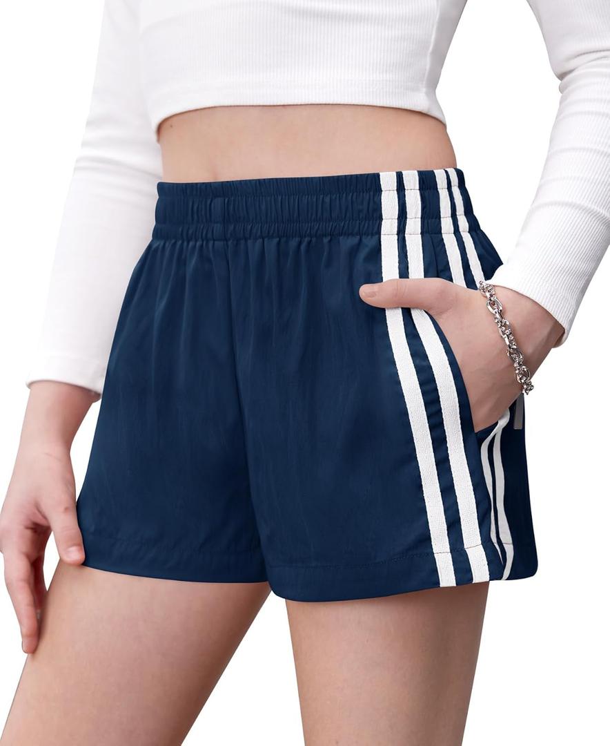 Girls Athletic Shorts, Y2K Striped Mini Track Shorts with Contrast Webbing, Casual & Sports Wear for 6-14 Years