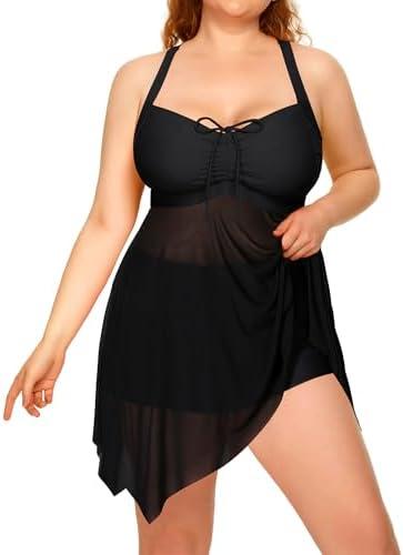 Daci Plus Size Two Piece Swim Dress with Shorts for Women Mesh Swimsuits Flowy Bathing Suits 22W
