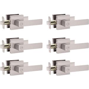 Interior Door Handle Satin Nickel Door Knob Keyless Levers Set (6 Pack), Heavy Duty Privacy Door Handle Lock for Bedroom or Bathroom, Square Door Lock for Left Right Handle Doors