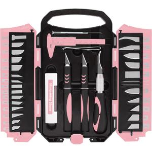 MANUFORE 34pcs Large Exacto Knife Set Pink Deluxe Craft Precision Knife Set Include 3pcs Craft Knives with Anti-Slip Rubber Grip, 25pcs Different Blades, 2pcs Needles, Sharpening Stone, Screwdriver