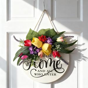 Kathfly Welcome Sign for Front Door Summer Tuilip Butterfly Front Door Wreath Bless This Home and All Who Enter Sign 12 in Christian Jesus Rustic Round Wood Wreath Wall Hanging Home Decor for Porch