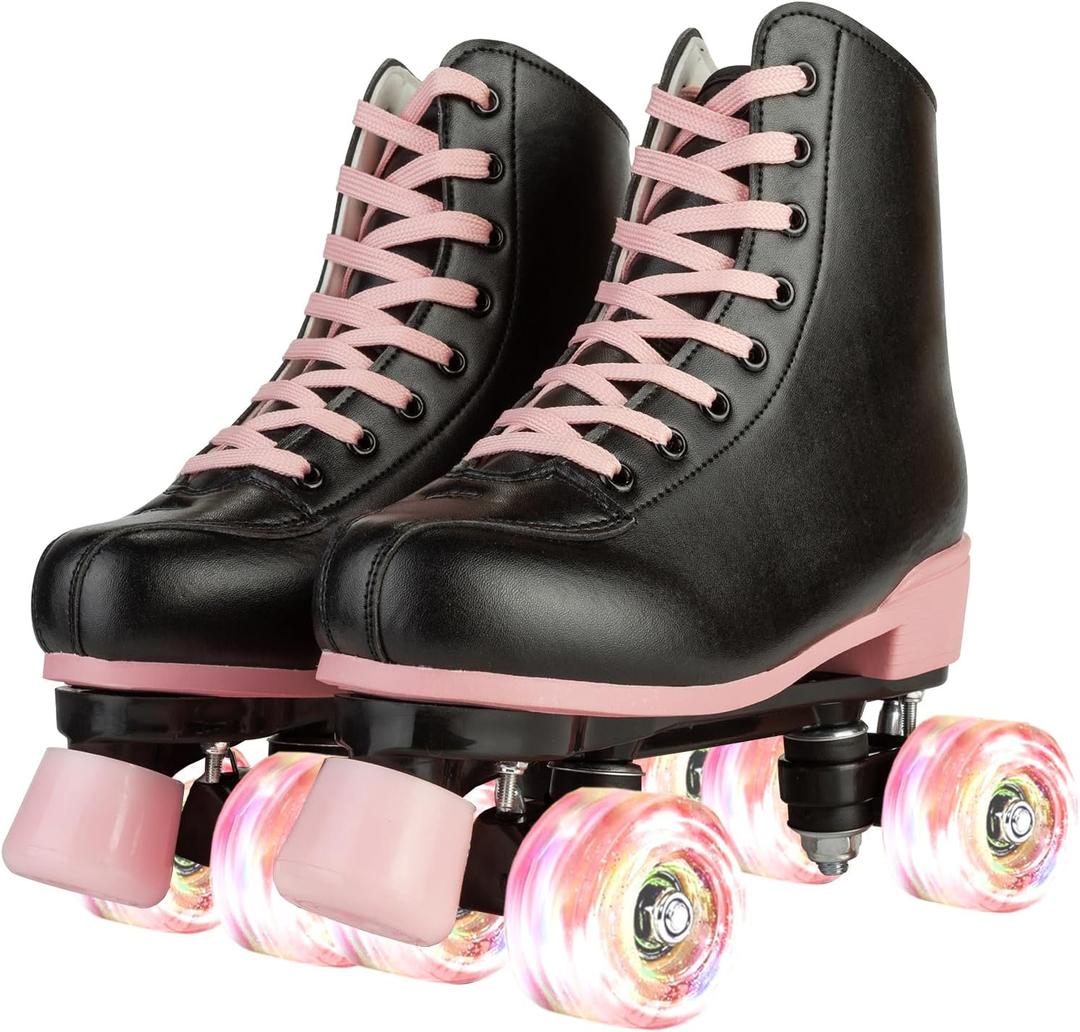 XUDREZ Roller Skates for Girls and Women, Stylish Black PU Leather Roller Skates with Pink Light Up Wheels, Indoor Outdoor Roller Skates for Youth Kids Girls Ages 8-12, Size: 33-Youth 2