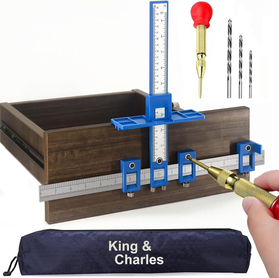 Cabinet Hardware Jig, King&Charles Cabinet Handle Jig + Automatic Hole Punch + Point Drill Bits, Use for Handles Knobs Pulls on Drawers/Doors, Wood Drilling Dowelling Guide Set.