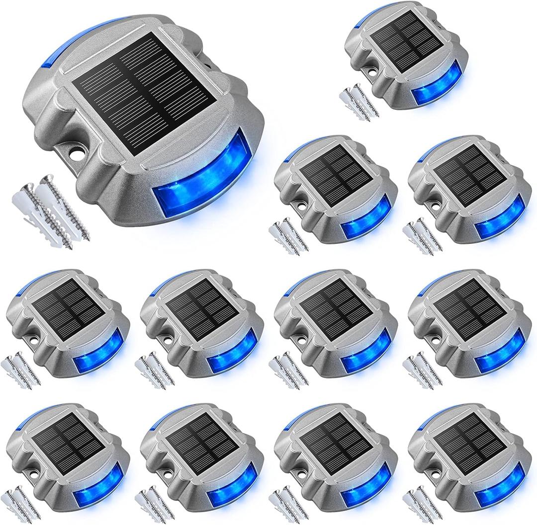 VOLISUN Solar Deck Lights Driveway Dock Lights, 12-Pack Led IP68 Waterproof Outdoor Warning Step Lights for Driveway Sidewalk Garden Pathway Yard (Blue, Auto On/Off
