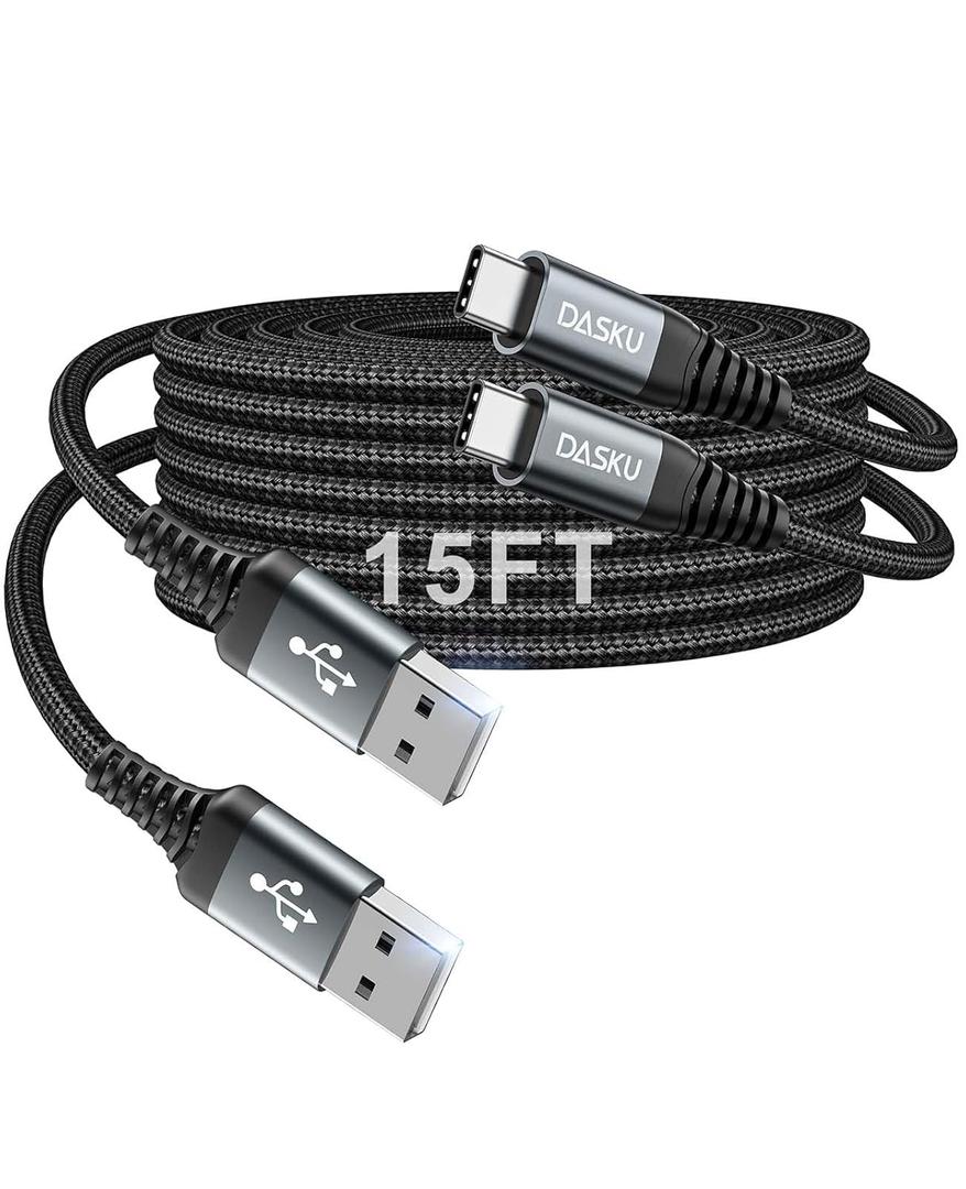 Extra Long USB C Cable Fast Charging, [15ft/2Pack] 3A USB to USB Type C Cable 15 Feet, iPhone 17 16 15 Charger Cord Durable Nylon for iPad 10, Galaxy S25 S24 S23 S22 Plus Ultra, Pixel 9 8, LG and more
