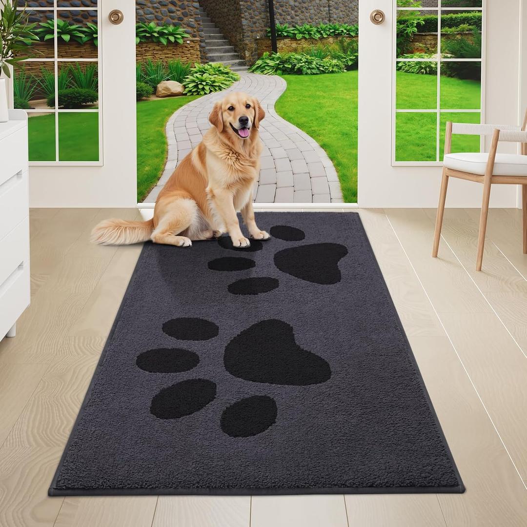 Buganda Dog Door Mat for Muddy Paws, Absorbent Dirt Trapper Washable Indoor Doormats, Non Slip Low-Profile Mud Mat for Dogs, Front Entrance Doormat for Inside Floor (47x24 Inches, Black)
