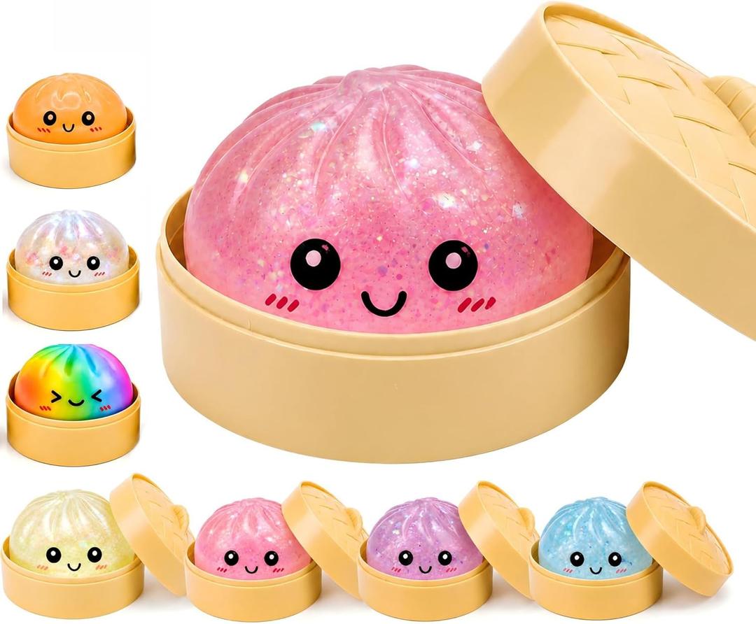 Glitter Pink Mystery Dumpling Squishies with Steamer Box, Soft Stretchy Bao Bun Stress Relief Balls, Sensory Fidget Squeeze Toys for Anxiety Relief, Decompression Desk Toys