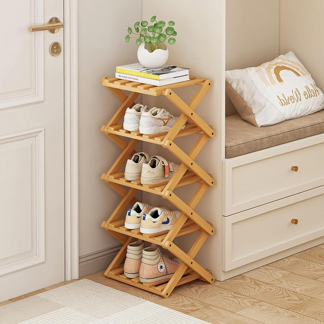 Shoe Rack, Bamboo Foldable Shoes Organizer Free Standing Shelf for Entryway, Closet, Bedroom, Hallway, | Natural | Functional | Multifunctional Shoe Rack (Wood Color) 5 Layers