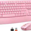 MEETION Wireless Keyboard and Mouse, Full-Sized Cordless Keyboard with Wrist Rest, 3 DPI Adjustable Mouse, Keyboard and Mouse Set with 2.4GHz USB Receiver, for PC/Computer/Laptop/Windows/Mac, Pink