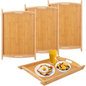 4 Pack 17.3 Inch Large Bamboo Serving Tray with Handle, Decorative Bamboo Breakfast Tray for Breakfast, Kitchen, Outdoor Picnic, Snack (17.3 x 12 x 1.2 Inch)