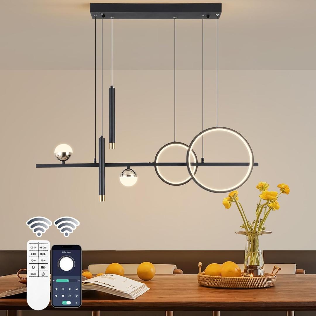 ORANOOR LED Modern Chandeliers for Dining Room, Dimmable Black Gold Chandelier Kitchen Pendant Lighting Over Island, Linear Ring Globe Pendant Light Fixtures Dining Room Lights Ceiling Hanging