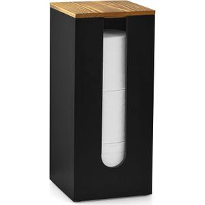 Black Freestanding Wooden Toilet Paper Holder Stand, Rustic Bathroom Storage Organizer with Burnt Wood Lid, Fits 3 Extra XXL Toilet Paper Rolls
