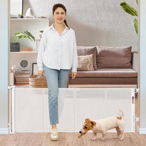 24 Inches Tall Retractable Dog Gate for The House, Short Baby Gates to Step Over, Extends up to 55" Wide, Reinforced Mesh Puppy Gate for Doorways, Step Over Pet Gate for Stairs, Indoor/Outdoor (White)