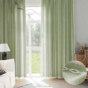BTTN Sage Green Curtains 84 Inch Length 2 Panels Set, Long Boho Farmhouse Linen Striped Embroidery Drapes with Tassels for Bedroom Living Room, Light Filtering Rod Pocket Window Treatments, 52x84