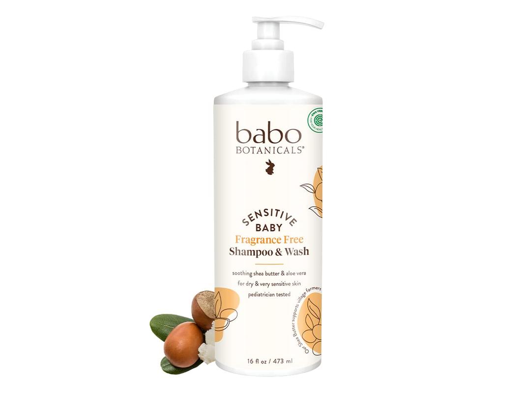 Babo Botanicals Sensitive Baby Fragrance-Free 2-in-1 Shampoo & Wash - Shea Butter, Calendula & Aloe Vera - EWG Verified - Cruelty-Free - Vegan - Pediatrician Tested - For Babies & Kids (16 Fl Oz (Pack of 1))