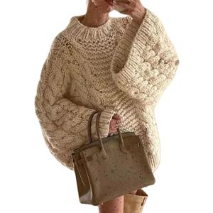 NRTHYE Women's Oversized Cable Knit Sweater Tops Loose Long Sleeves Crewneck Chunky Slouchy Baggy Pullover Sweaters (M)