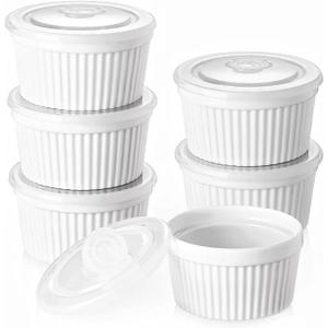 DOWAN Ramekins 8 oz Oven Safe with Lids, Creme Brulee Ramekins Bowls, Porcelain Ramiken Souffle Dishes, Custard Cups for Baking, Small Bowls for Pudding Dip Sauces Dessert, White, Set of 6