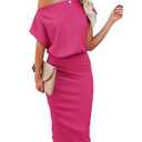 Ezbelle Women's Graduation Summer Dress Athletic Off The Shoulder Short Sleeve Ribbed Casual Party Bodycon Midi Flowy Dress Rose Red X-Large