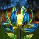 Huaxu Solar Outdoor Lights 35.4In Garden Decor Flower Wind Spinners,Waterproof LED Crackle Glass Globe Blue Lotus Art Metal Stake for Lawn Patio Pathway Yard Porch Driveway Decorations Gift
