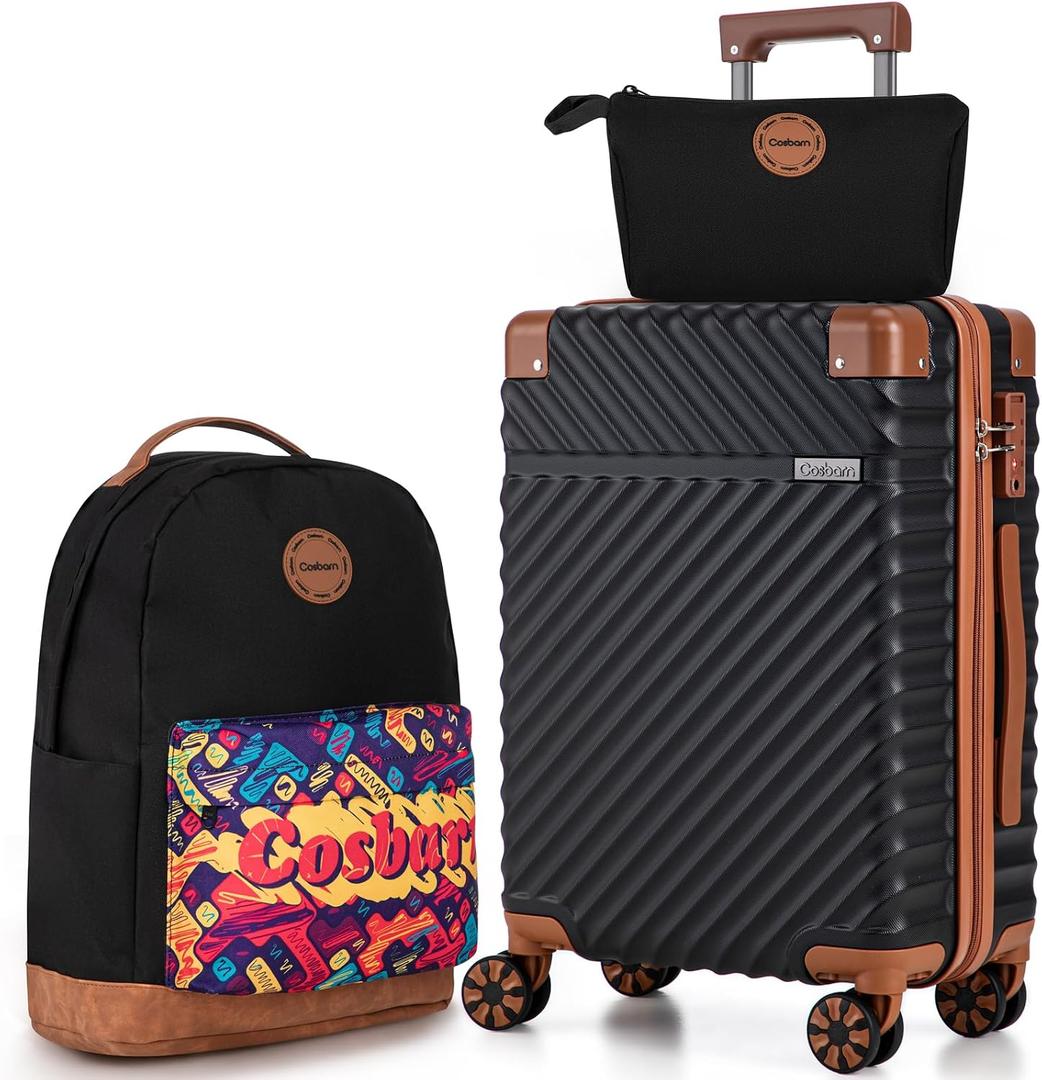 Cosbarn Carry On Luggage 22x14x9 Airline Approved, Hardside 20 Inch Carry on Suitcases with Wheels, Hard Shell ABS Lightweight Carry on Luggage Set, Travel Suitcase Set with TSA Lock, Black, 3 Piece Sets (20/BP/TB)